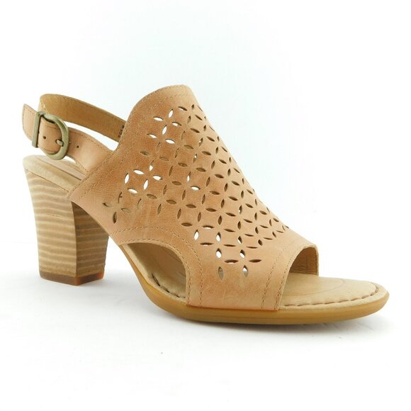 BORN Beige Leather Die-cut Open Toe Block Heel Sling Sandals 9 - Picture 1 of 7